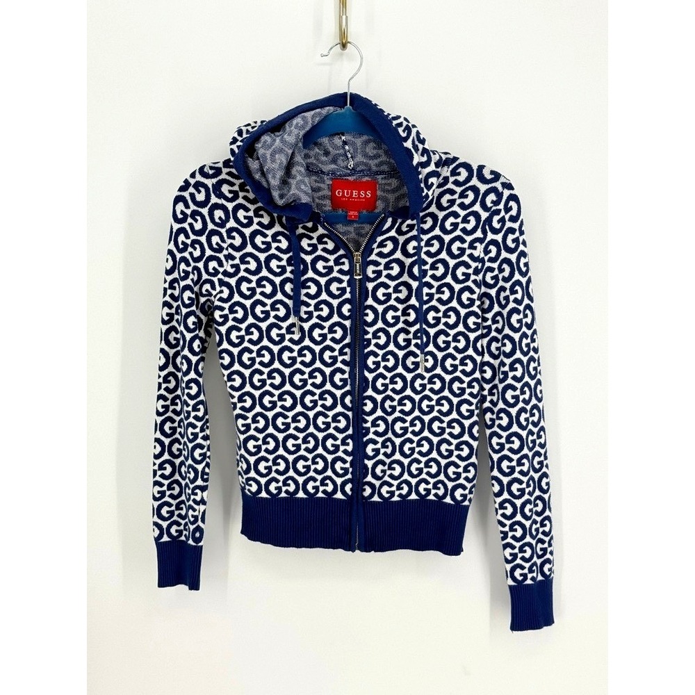 Guess Women Y2k Cropped Monogram Logo Knit Full Zip Hoodie Size S Baddie Scene